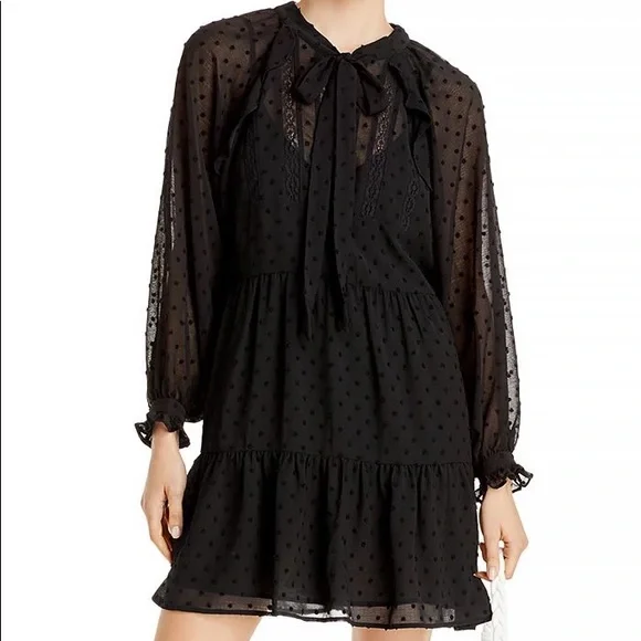 Aqua NWT Ruffle Clip Dot Mini Dress Pussy Bow Bishop Sleeves V Neck Black New - Picture 13 of 13